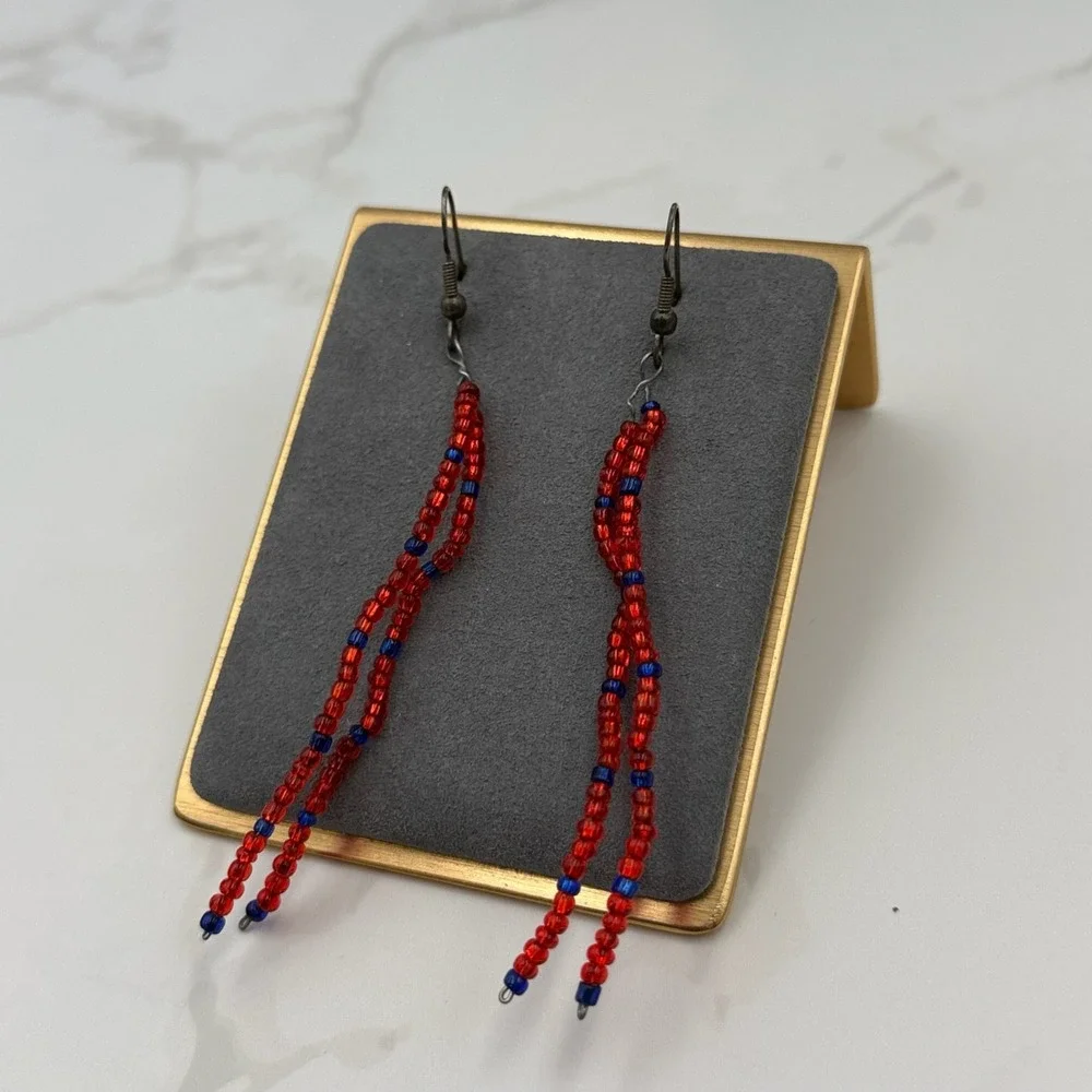 Vintage Womens Red Blue Seed Long Beaded Fashion Jewelry Dangle Earrings 90s Y2K
